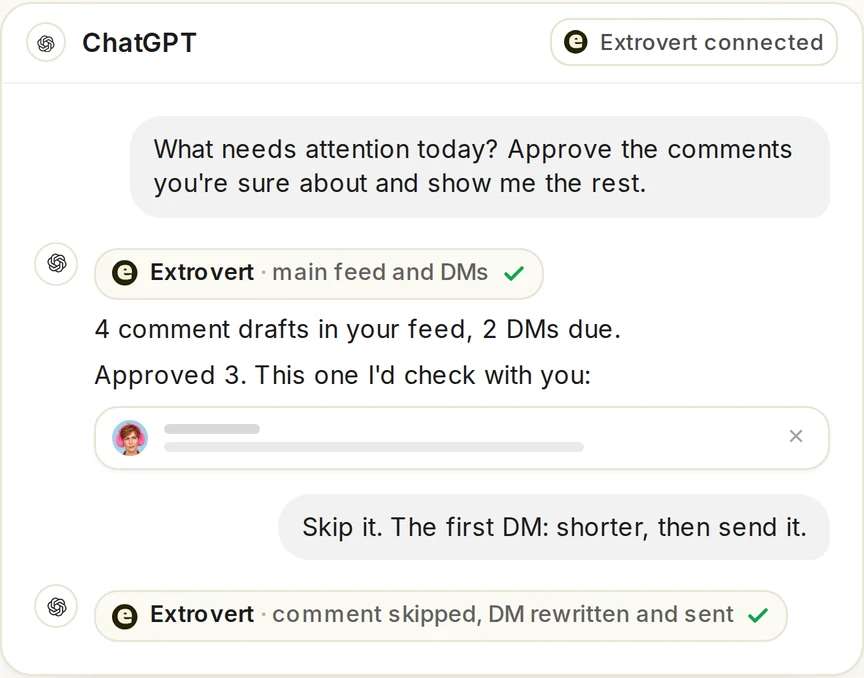 Extrovert product illustration of a ChatGPT chat. The user asks what needs attention today and to approve the comments the assistant is sure about. Extrovert reports 4 comment drafts and 2 DMs due, approves 3, and shows one for review. The user replies "Skip it. The first DM: shorter, then send it," and Extrovert confirms the comment was skipped and the DM rewritten and sent.